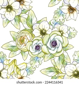 Abstract seamless pattern with plants, herbs and flowers, botanical illustration.