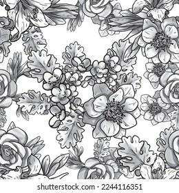 Abstract seamless pattern with plants, herbs and flowers, botanical illustration.