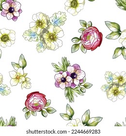 Abstract seamless pattern with plants, herbs and flowers, botanical illustration.