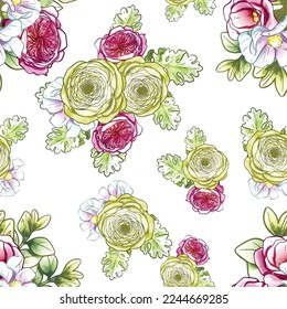 Abstract seamless pattern with plants, herbs and flowers, botanical illustration.