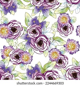 Abstract seamless pattern with plants, herbs and flowers, botanical illustration.
