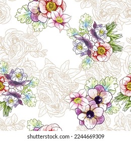 Abstract seamless pattern with plants, herbs and flowers, botanical illustration.
