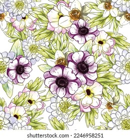 Abstract seamless pattern with plants, herbs and flowers, botanical illustration.