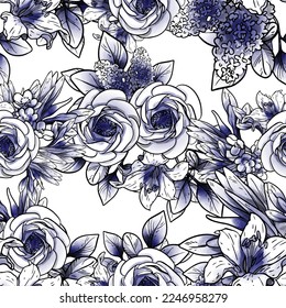 Resumen de patrón sin fisuras con plantas, hierbas y flores, ilustración botánica.