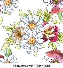 Resumen de patrón sin fisuras con plantas, hierbas y flores, ilustración botánica.