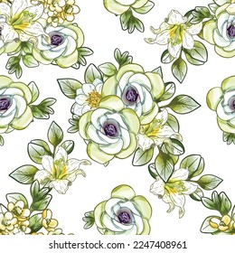 Abstract seamless pattern with plants, herbs and flowers, botanical illustration.