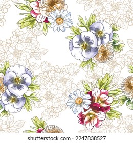 Abstraktes nahtloses Muster mit Pflanzen, Kräutern und Blumen, botanische Illustration.