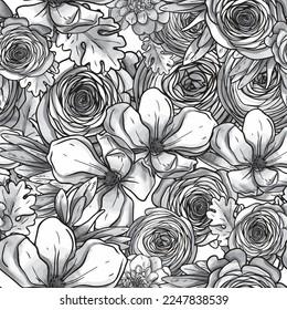 Abstract seamless pattern with plants, herbs and flowers, botanical illustration.