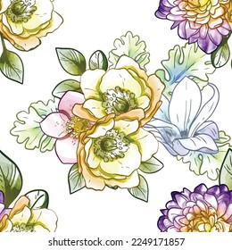 Resumen de patrón sin fisuras con plantas, hierbas y flores, ilustración botánica.