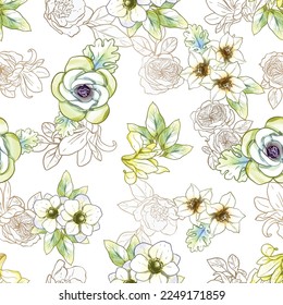 Abstract seamless pattern with plants, herbs and flowers, botanical illustration.
