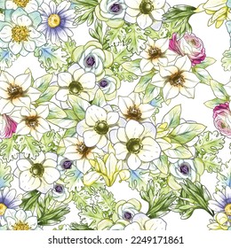 Abstract seamless pattern with plants, herbs and flowers, botanical illustration.