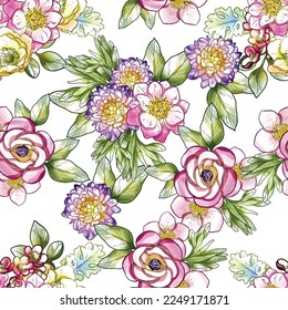 Abstract seamless pattern with plants, herbs and flowers, botanical illustration.