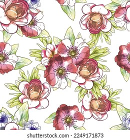 Abstract seamless pattern with plants, herbs and flowers, botanical illustration.