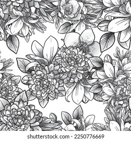 Abstract seamless pattern with plants, herbs and flowers, botanical illustration.