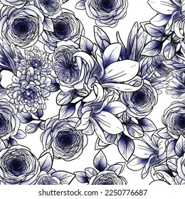 Resumen de patrón sin fisuras con plantas, hierbas y flores, ilustración botánica.