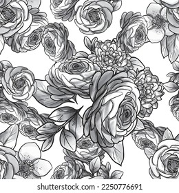 Abstract seamless pattern with plants, herbs and flowers, botanical illustration.