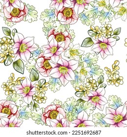 Abstract seamless pattern with plants, herbs and flowers, botanical illustration.