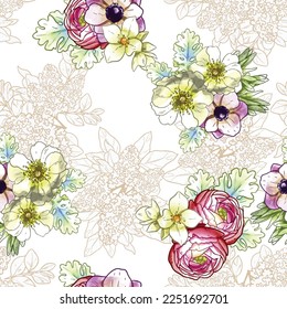 Abstract seamless pattern with plants, herbs and flowers, botanical illustration.
