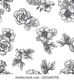 Abstract seamless pattern with plants, herbs and flowers, botanical illustration.