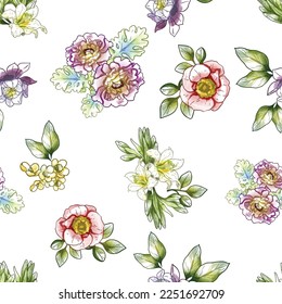Abstract seamless pattern with plants, herbs and flowers, botanical illustration.