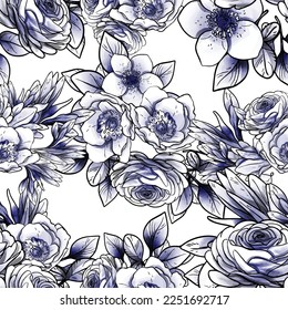 Abstract seamless pattern with plants, herbs and flowers, botanical illustration.