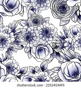 Abstraktes nahtloses Muster mit Pflanzen, Kräutern und Blumen, botanische Illustration.