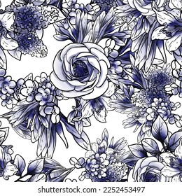 Abstract seamless pattern with plants, herbs and flowers, botanical illustration.