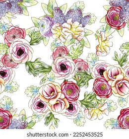 Abstract seamless pattern with plants, herbs and flowers, botanical illustration.