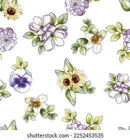 Abstract seamless pattern with plants, herbs and flowers, botanical illustration.