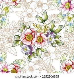 Abstract seamless pattern with plants, herbs and flowers, botanical illustration.