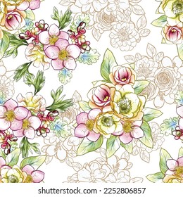 Abstract seamless pattern with plants, herbs and flowers, botanical illustration.