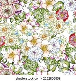 Abstract seamless pattern with plants, herbs and flowers, botanical illustration.