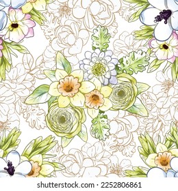 Abstract seamless pattern with plants, herbs and flowers, botanical illustration.