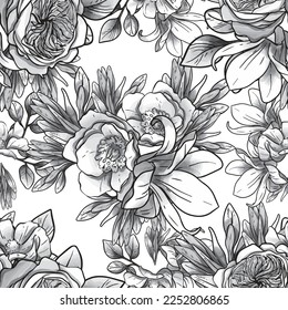 Abstract seamless pattern with plants, herbs and flowers, botanical illustration.