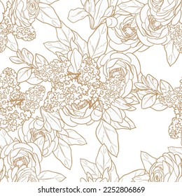 Abstract seamless pattern with plants, herbs and flowers, botanical illustration.
