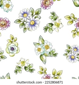 Abstraktes nahtloses Muster mit Pflanzen, Kräutern und Blumen, botanische Illustration.