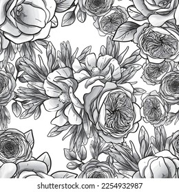 Abstract seamless pattern with plants, herbs and flowers, botanical illustration.
