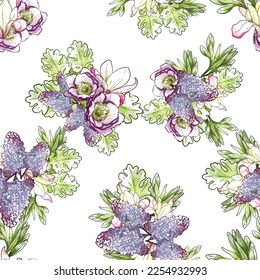 Resumen de patrón sin fisuras con plantas, hierbas y flores, ilustración botánica.