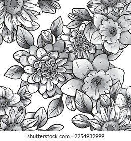 Resumen de patrón sin fisuras con plantas, hierbas y flores, ilustración botánica.