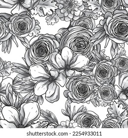 Abstract seamless pattern with plants, herbs and flowers, botanical illustration.