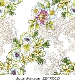 Abstract seamless pattern with plants, herbs and flowers, botanical illustration.