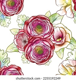 Abstract seamless pattern with plants, herbs and flowers, botanical illustration.