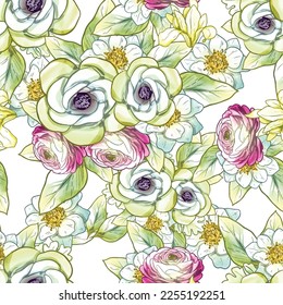 Abstract seamless pattern with plants, herbs and flowers, botanical illustration.
