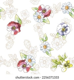 Abstract seamless pattern with plants, herbs and flowers, botanical illustration.