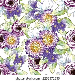Abstract seamless pattern with plants, herbs and flowers, botanical illustration.