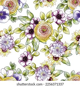 Abstract seamless pattern with plants, herbs and flowers, botanical illustration.