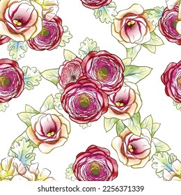 Abstraktes nahtloses Muster mit Pflanzen, Kräutern und Blumen, botanische Illustration.