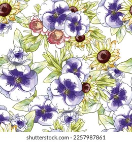 Abstract seamless pattern with plants, herbs and flowers, botanical illustration.
