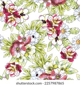 Abstract seamless pattern with plants, herbs and flowers, botanical illustration.