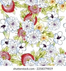 Abstract seamless pattern with plants, herbs and flowers, botanical illustration.